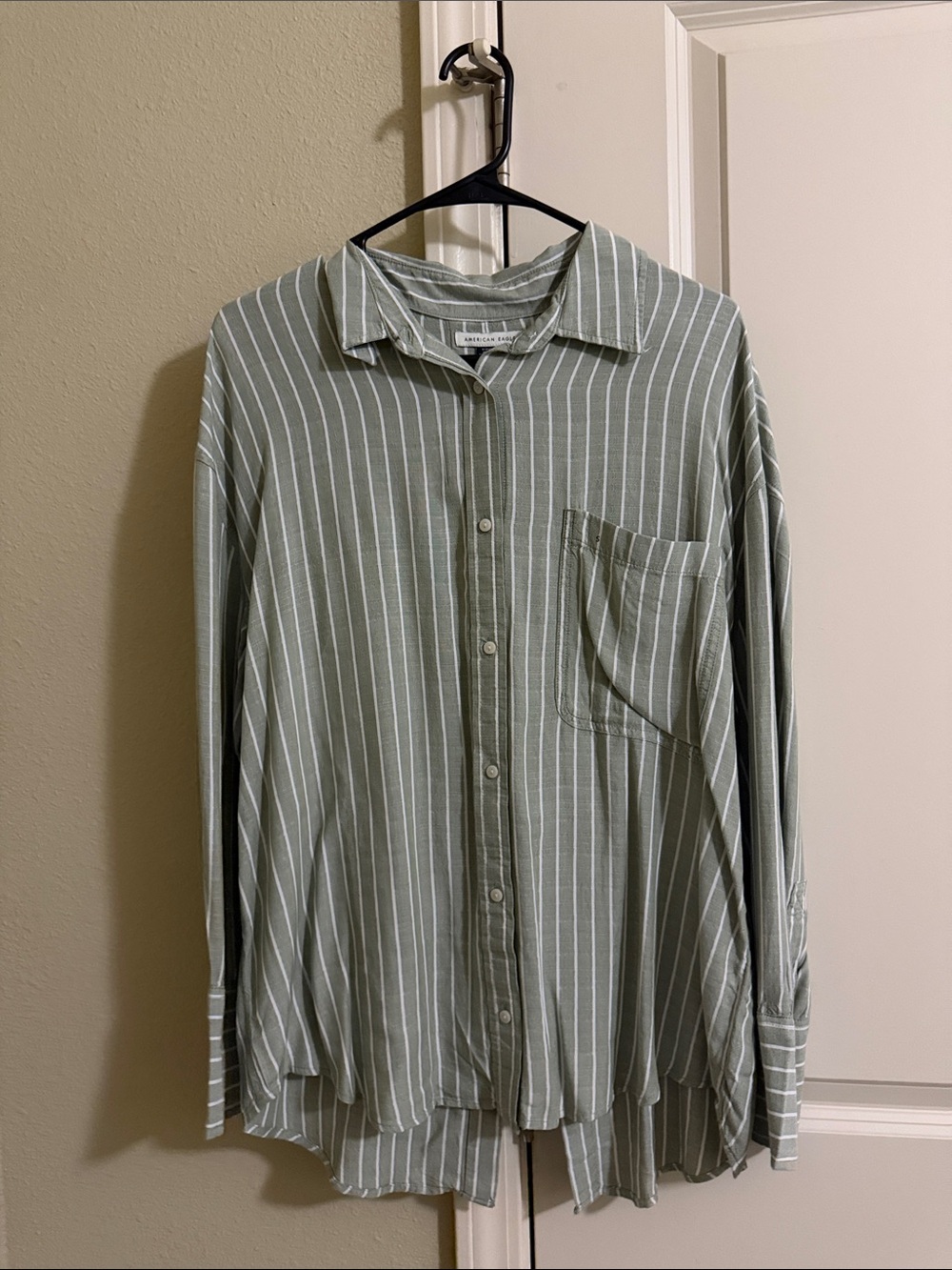 American Eagle Outfitters Sage Green & White Striped Button-Down Shirt